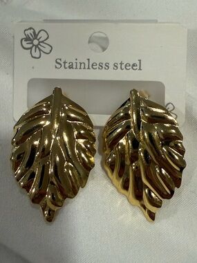 Gold Leaf Stainless Steel Earrings - Leaf Statement Studs